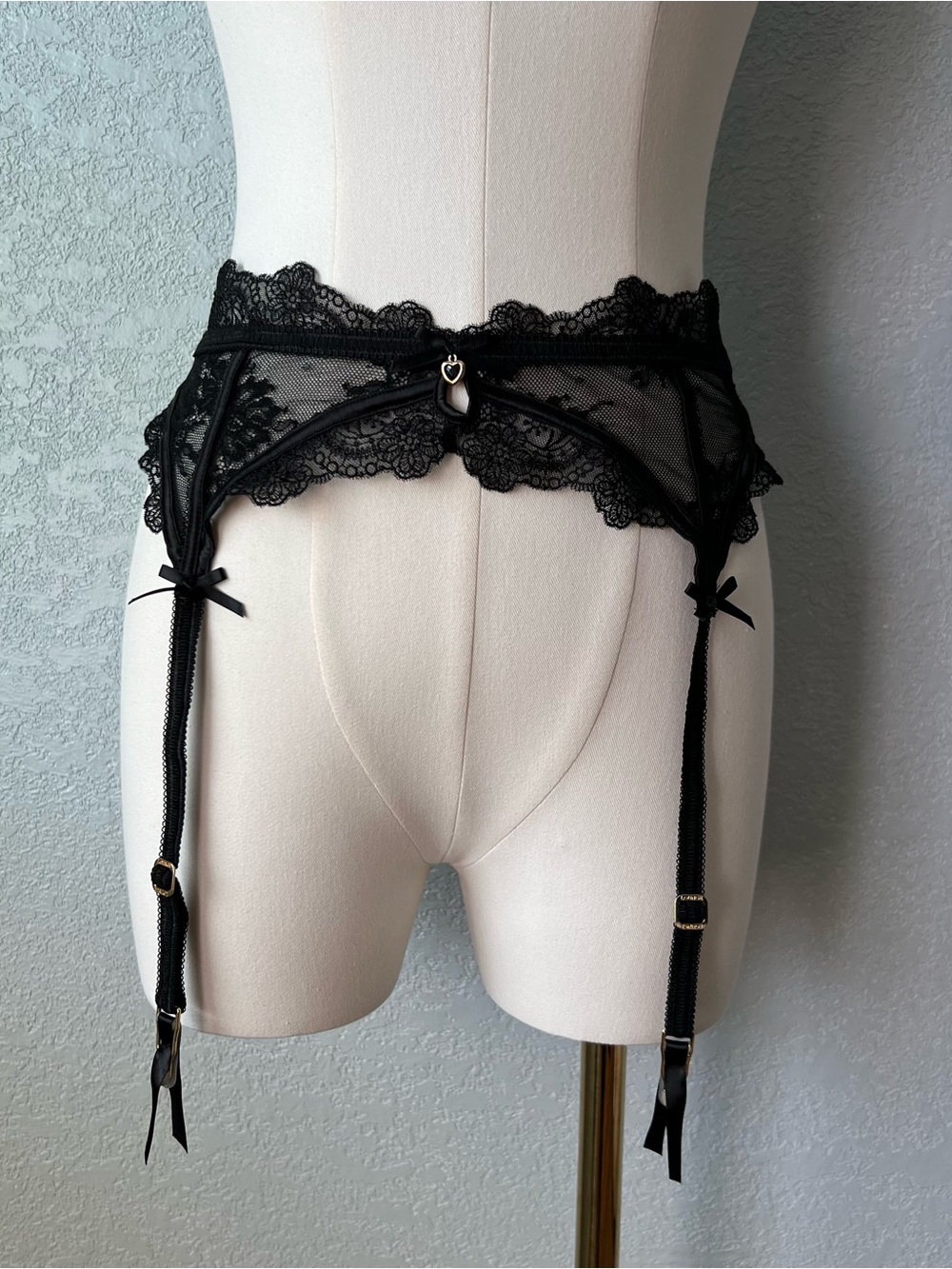 Black Lace Garter Belt Heart Charm Sheer Mesh Lingerie Coquette Goth Size S